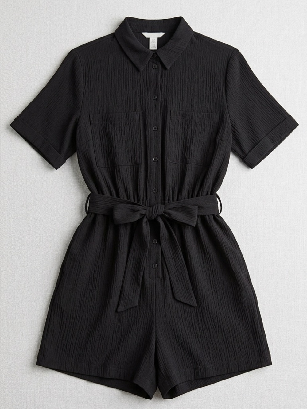 H&M Black Crinkled Crepe Utility Romper Short Sleeve Button Front Women’s M